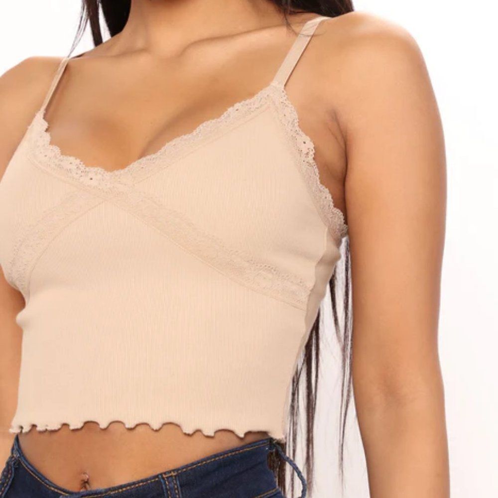 NWT Fashion Nova Lace Trim Ribbed Cami | Taupe | Size Large